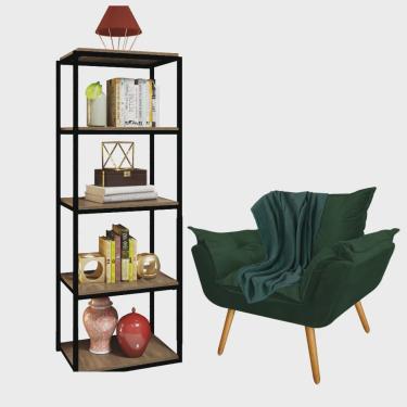 Imagem de Kit Poltrona Fatte com Manta Soft Verde e Estante Livreiro Ferro Preto mdf Rústico Sued...