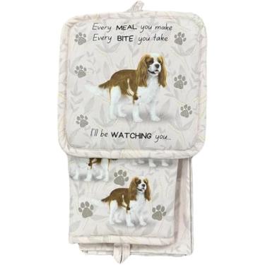 Imagem de Conjunto de 3 peças de cozinha King Charles Cavalier – luva de forno, suporte de panela e conjunto de toalha de cozinha, resistente ao calor até 120 ºC, algodão acolchoado macio para cozinhar, assar,