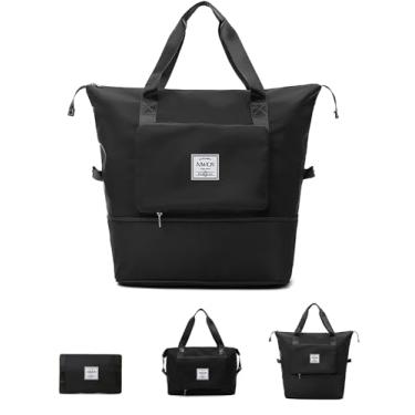 Imagem de NWLR Bolsa de viagem dobrável de grande capacidade, impermeável, dobrável, bolsa de viagem para o fim de semana, bolsa de ombro, bolsa de ginástica, Preto, Large, Dobrável, expansível