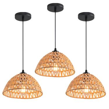 Imagem de AOJUNSANSAN Pacote Com 3 Luminárias Pendentes De Vime Marrom, Luminárias Pendentes De Vime Marrom De 10,2", Luminária De Cesta De Fazenda, Luminária Pendente Estilo Boho Ajustável Para Cozinha, Ilh