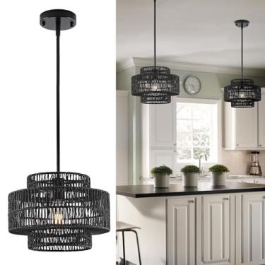 Imagem de InterMaka Luminária Pendente Estilo Rústico De Vime Preto Boho De 12,4", 1 Luminária, Estilo Fazenda, Para Cozinha, Quarto, Sala De Jantar, Sala De Estar, Hall De Entrada, Hall De Entrada