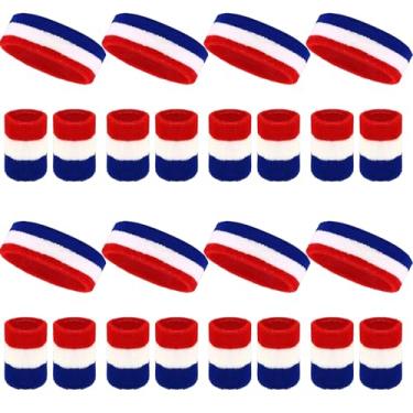 Imagem de O conjunto de 24 faixas de suor neon inclui 8 faixas esportivas e 16 pulseiras de algodão neon dos anos 80 para academia, tênis, basquete, corrida, exercícios (vermelho, azul, branco)