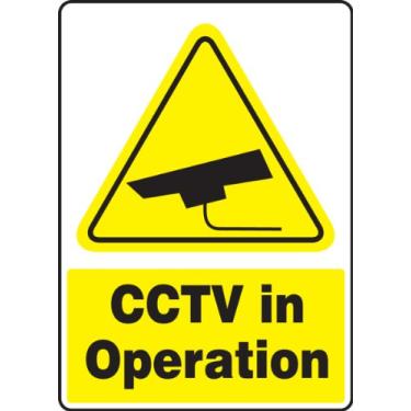 Imagem de Accuform MSEC573VS Placa de segurança de vinil adesiva, lenda "CCTV em operação" com gráfico, 35,5 cm de comprimento x 25,4 cm de largura x 0 cm de espessura, amarelo/preto sobre branco