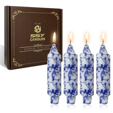 Imagem de Velas cônicas florais 12,7 cm castiçais chinoiserie curtos sem gotejamento azul e branco sem cheiro para emergência, casamento, decoração de casa, estações festivas, férias, 4 peças