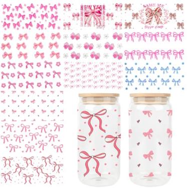 Imagem de 12 folhas UV DTF Cup Wrap, adesivos de copo de transferência de laço rosa e azul para garrafa de água de vidro de 473 ml, adesivos de transferência DTF de copo de vidro para meninas, decorações