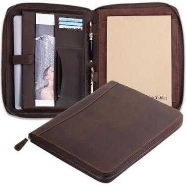 Imagem de TheAntiq Capa de couro, carteira com zíper para laptop, portfólio de negócios, kit de arte de viagem, pasta de bloco de notas A4, arquivo de entrevista, organizador de reuniões