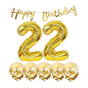 Imagem de Chaungfu Decoração De 22º Aniversário, Balões Banner Felizes, Suprimentos Para Festa 22 Anos, Balão Látex Com Número Hélio, Metalizado, Dourado