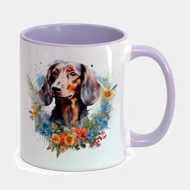 Imagem de Caneca Porcelana Branca Alça e Interior Roxa 325ml - DACHSHUND MARROM PRETO FLORES