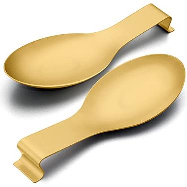 Imagem de E-far Conjunto De 2 Descansos Colher, Suporte Concha Dourado Em Aço Inoxidável, Espátula Para Fogão Cozinha, Tamanho Grande E Lavável Na Máquina Lavar Louça