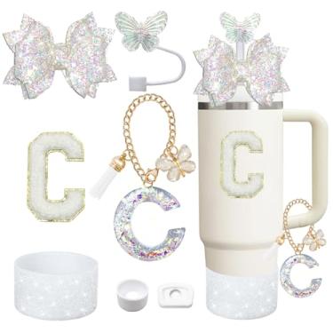 Imagem de Liangang Conjunto De 7 Acessórios Para Copos Brancos Stanley 30 Oz E 40 Oz, Incluindo Capa Protetora, Tampa Antiderramamento, Canudo Borboleta, Adesivo Com Letras, Pingentes Letras (Branco C)