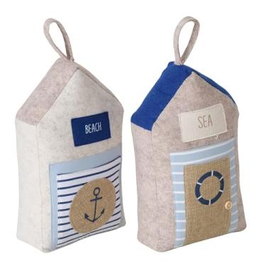 Imagem de Batentes de porta macios para cabana costeira, conjunto de 2, juta, algodão, tops de laço, pesados, 29 cm, em forma de casa com âncora e enfeites de tecido salva-vidas