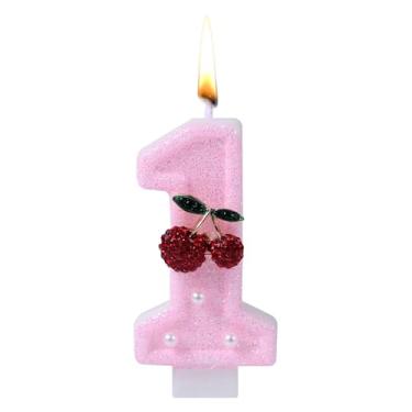 Imagem de Vela 1º Aniversário, Vela Número Rosa Brilhante Topo de Bolo Fofo para Meninas Mulheres Primeira Decoração de Aniversário (Cereja A)