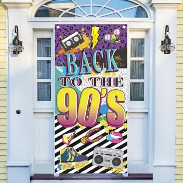 Imagem de Banner de porta temático dos anos 90 decorações de festa para adultos, tema hip hop dos anos 90 grafite porta de aniversário pano de fundo suprimentos de festa, de volta aos anos 90 tampa da porta de foto adereços decoração placa (185 x 90 cm)