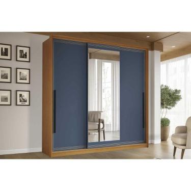 Imagem de Guarda Roupa Casal 3 Portas de Correr (1 c/ espelho) e 4 Gavetas Valência Freijo/Azul - Politorno