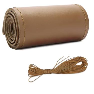 Imagem de Capa de volante de couro de microfibra, costura DIY com agulha e linha, protetor de volante de carro antiderrapante respirável, universal de 38 cm, costura automática para volante (marrom, brilhante)
