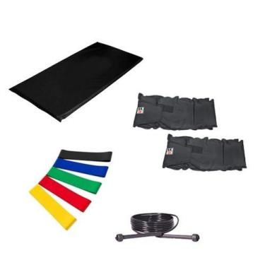 Imagem de Kit Colchonete Preto + Par de Caneleira 8kgs + 5 Mini Band Elástico pa