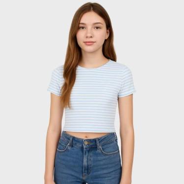 Imagem de Cropped canelada juvenil manga curta - Cacharrel Store, Branco e azul,