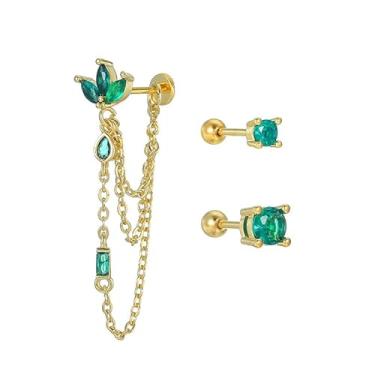 Imagem de Conjunto de mini brincos femininos com coroa de zircônia cúbica verde esmeralda com pingente de cartilagem banhado a ouro 14 quilates com flor solitário de cristal tragus hélice brincos pendentes 20 g