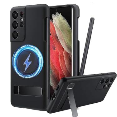 Imagem de Capa para Galaxy S21 Ultra com suporte para caneta S, magnético forte compatível com MagSafe, suporte de metal ajustável, capa de telefone de silicone líquido com slot Stylus para Samsung Galaxy S21