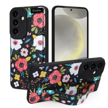 Imagem de Jefonha Capa de silicone para Samsung Galaxy S24 Plus com alça para mulheres e meninas, estampa floral fofa, capa protetora à prova de choque com suporte de pulseira ajustável (flor, preta)