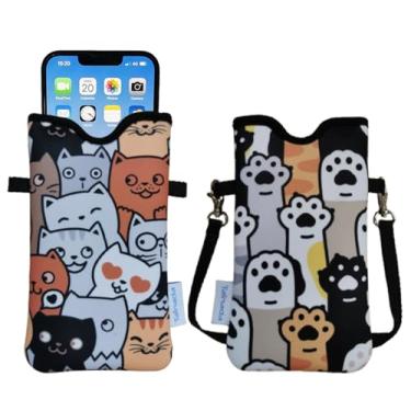 Imagem de Tainada Bolsa de neoprene masculina e feminina com alça transversal/cordão de pescoço para iPhone 16/15/14 Pro Max, 16/15/14 Plus, Samsung S25, A55, Google Pixel 9 (padrão de pata de gato)