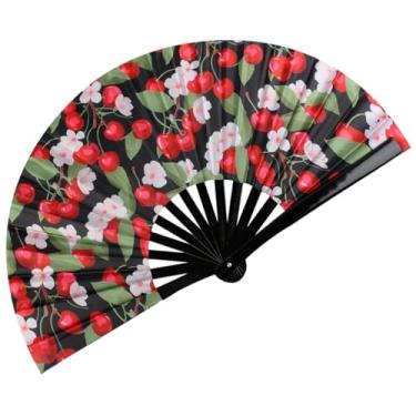 Imagem de Plzoslly Grande ventilador de mão rave, brilho UV, ventilador dobrável de bambu, grande ventilador de mão para dança em linha, Halloween, festival de música, clube, dança, festa, drag queen (cereja)
