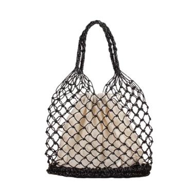 Imagem de SHAREYOIU Linda bolsa vazada com alça superior bolsa de tricô bolsa de ombro de corda de papel, preta