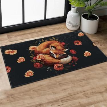 Imagem de MIEPOS Tapete de porta interior de raposa adormecida e rosas, capacho floral de vida selvagem, tapete de borracha antiderrapante de 75 x 43 cm, tapete de entrada, para sala de estar, cozinha, tapetes