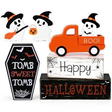 Imagem de ASPMIZ Decorações de Halloween para ambientes internos, decorações de caminhão com placas de bloco de madeira de caixão, decoração de Halloween para bandeja em camadas, manto, mesa, estante