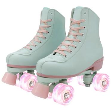 Imagem de Patins de patins para mulheres e homens de couro PU com quatro rodas brilhantes fileira dupla skate unissex (verde rosa, 40)