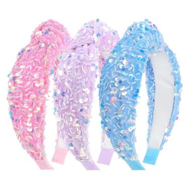 Imagem de YanJie Faixas de cabelo com nó de lantejoulas para meninas, rosa, roxo, azul, acessórios de cabelo para crianças, brilhantes, faixas de cabelo com glitter para meninas adolescentes, 3 peças