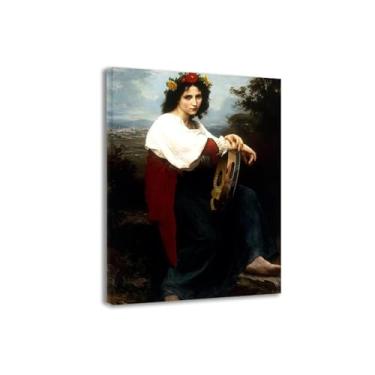 Imagem de LXURY Bouguereau.Menina italiana com um tambor basco. Reprodução de pinturas famosas. Arte de parede em tela. Pôsteres e impressões. Imagem para decoração de casa 80 x 112 cm Moldura interna
