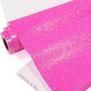 Imagem de GIRAFVINYL Vinil de transferência de calor com glitter rosa choque, glitter rosa choque, ferro em vinil, 25,4 cm x 5 FT Sparkle HTV para decoração de tecido de camiseta
