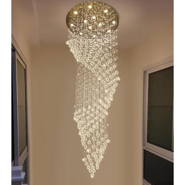 Imagem de cenozo Lustre de cristal D82 cm x A 250 cm para escadas, candelabro glamoroso, grandes lustres de gota de chuva, luminárias de teto alto reguláveis de LED para hall de entrada, dourado