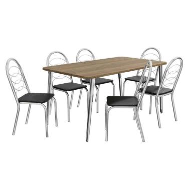 Imagem de Sala De Jantar Completa Iguaçu Tampo Madeirado 90x160cm E 6 Cadeiras Holanda Cromado-nogueira - Preto - Kappesberg