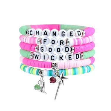 Imagem de 6 peças de pulseira de amizade para mulheres, pulseiras elásticas empilháveis com contas, varinha mágica e chapéu de bruxa, presente musical inspirado em bruxas, presentes de festa temáticos perversos