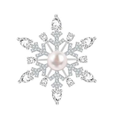 Imagem de KristLand - Broche de floco de neve elegante prata art déco de inverno para mulheres pérola de água doce com zircônia cúbica AAA flocos de neve broche de corsage presente de Natal para mãe
