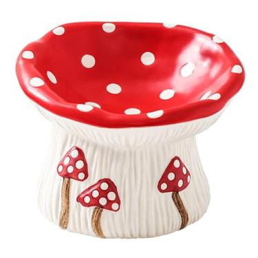 Imagem de AEIOUO Tigela de comida de cerâmica para gatos, cogumelo vermelho, tigela para gatos com bigode fadiga, antivômito e proteção da coluna, alimentador lento elevado para gatos / gatinhos / cães pequenos