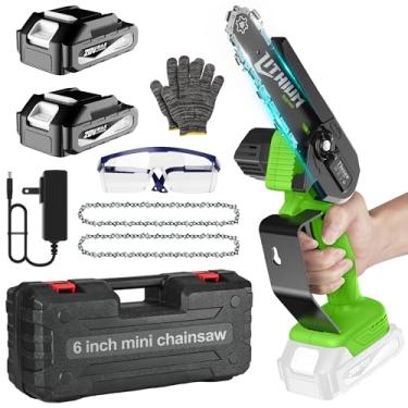 Imagem de Fostex Mini motosserra sem fio de 15 cm, motosserra portátil de 20 V, alimentada por bateria, 2 baterias, 2 correntes, motosserras elétricas para aparar árvores, corte de madeira, quintal e jardim