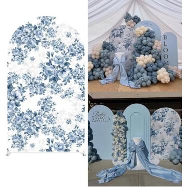 Imagem de Capa de fundo de arco para chá de bebê em flor tecido elastano elástico azul rosa flor floral laços menina aniversário festa batismo decoração (2,6 x 6 pés (78 x 180 cm), G4022)
