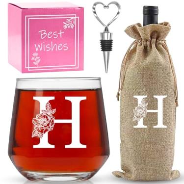 Imagem de AiHeart Presentes personalizados para mulheres, taças de vinho com monograma A-Z, presentes para mulheres, taça de vinho para caixa de presente, presentes de aniversário para mãe, irmã, avó-H