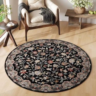 Imagem de Rugcomf Tapete redondo vintage Paisley 1,2 m – Tapete lavável na máquina, tapete floral antiderrapante para entrada, sala de estar, quarto, sala de jantar, crianças, banheiro, escritório - preto