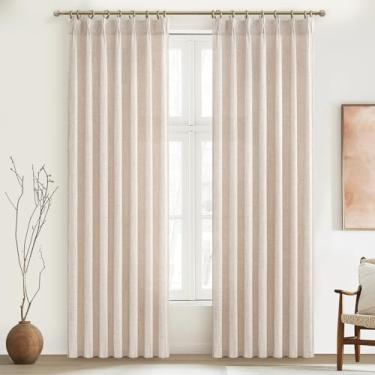 Imagem de Cortinas curtas de mistura de linho natural 153 cm de comprimento, conjunto de 2 painéis para janela de cozinha sobre a pia, cortinas transparentes de casa de fazenda plissadas com ganchos e abas
