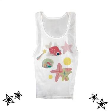 Imagem de Camiseta Gráfica Vintage Branca Feminina Estilo Y2K Padrão Fofo Retro 