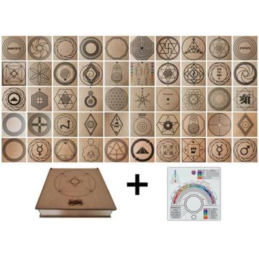Imagem de Kit Caixa + 50 Gráficos Radiestesia MDF Cru 20x20cm 3mm + Relógio Pran