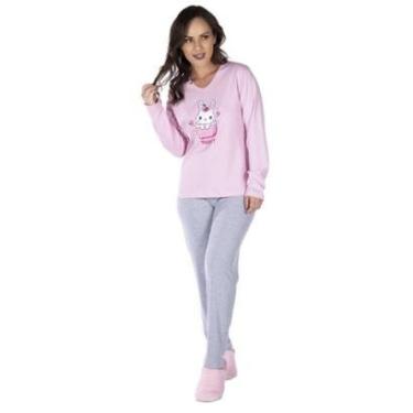 Imagem de Pijama Feminino Manga Longa Calça Listrada Adulto Canelado Quentinho Inverno Estampado Victory-Feminino