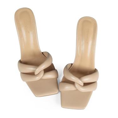 Imagem de iiimmu Salto Mule Heels 8,5 cm stiletto com bico quadrado sandálias de salto entrelaçadas em forma de tiras, Nude - Couro sintético, 35