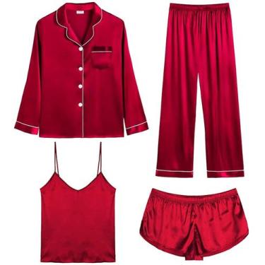 Imagem de Conjunto de pijama feminino SWOMOG, cetim, 4 peças, vermelho escuro, t