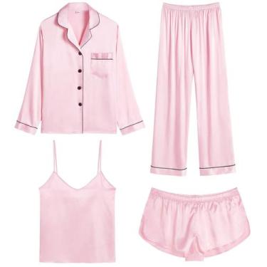 Imagem de Conjunto de pijamas femininos de cetim SWOMOG, 4 peças de camiseta, ro