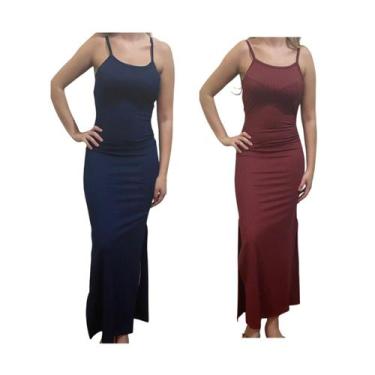 Imagem de KIT C/2 Vestidos Longo Canelado com Fenda - Emporio J, Marinho, Vinho,
